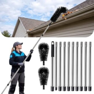 12.8 ft Adjustable Gutter Cleaner Tool, Telescopic Pole with Brush Heads for Leaf Removal