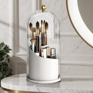 Makeup Brush Holder with Lid, 360° Rotating Cosmetic Tools Organizer, Waterproof Dustproof Makeup Brushes Storage for Vanity Bathroom Countertop