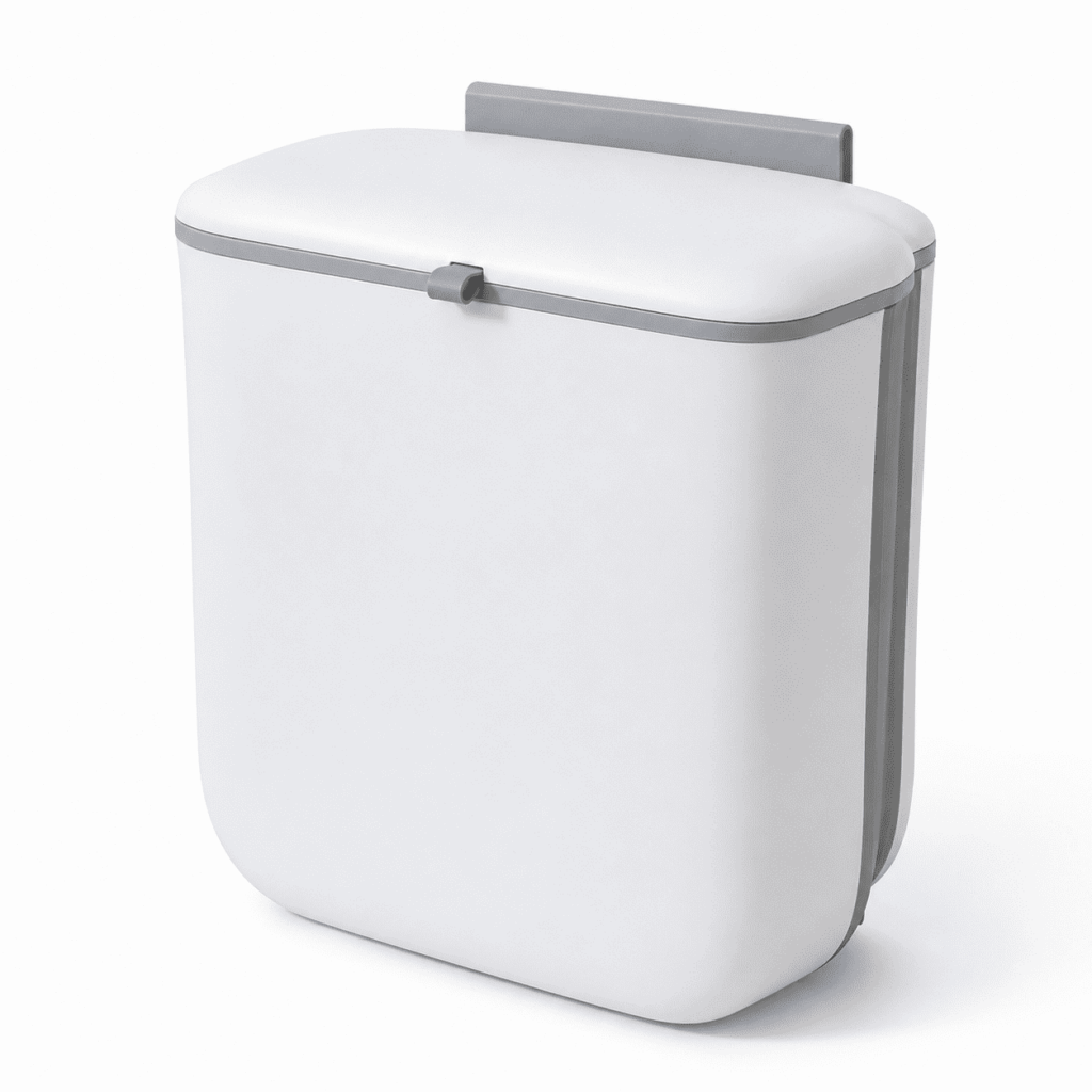 Wall Mounted Kitchen Compost Bin with Lid, Hanging Trash Can for Cabinet Door, White Plastic Food Scrap Bin for Counter & Under Sink, 1.8 Gallon