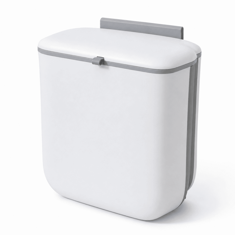 Wall Mounted Kitchen Compost Bin with Lid, Hanging Trash Can for Cabinet Door, White Plastic Food Scrap Bin for Counter & Under Sink, 1.8 Gallon
