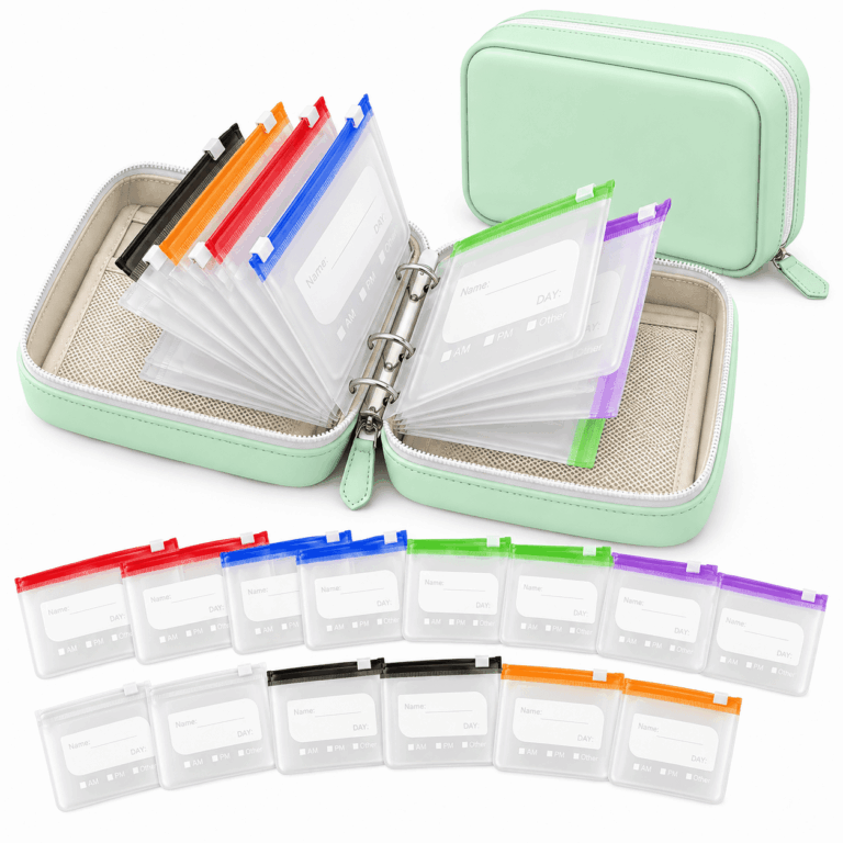 A8 Large Weekly Travel Pill Organizer Bag with 14 Color Medicine Pouches