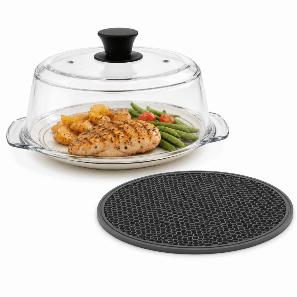 TUOBOS Glass Microwave Splatter Cover with Silicone Handle, Steam Vents and Counter Mat