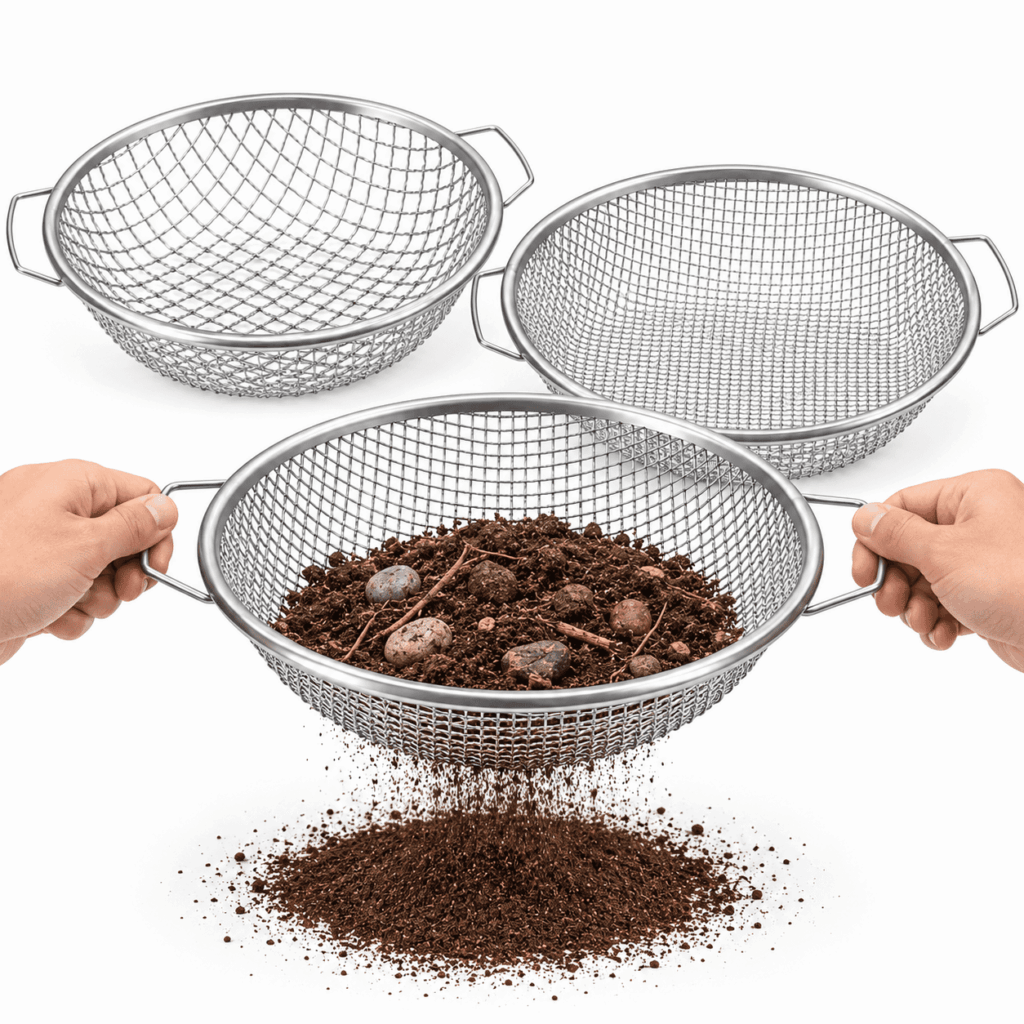 TUOBOS 3-Piece Galvanized Steel Soil Sifter Set with 3 Mesh Sizes for 5-Gallon Buckets