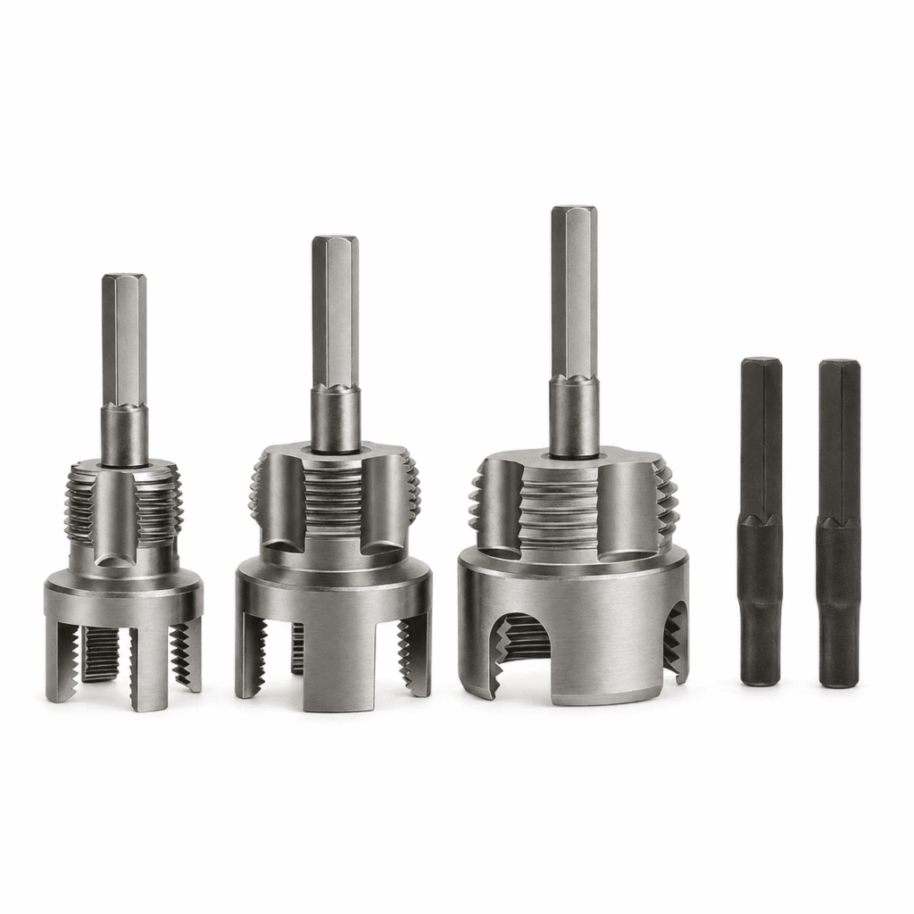 TUOBOS 5-Piece PVC Pipe Threading Tool Kit, 1/2 in, 3/4 in and 1 in Drill-Driven Thread Cutters