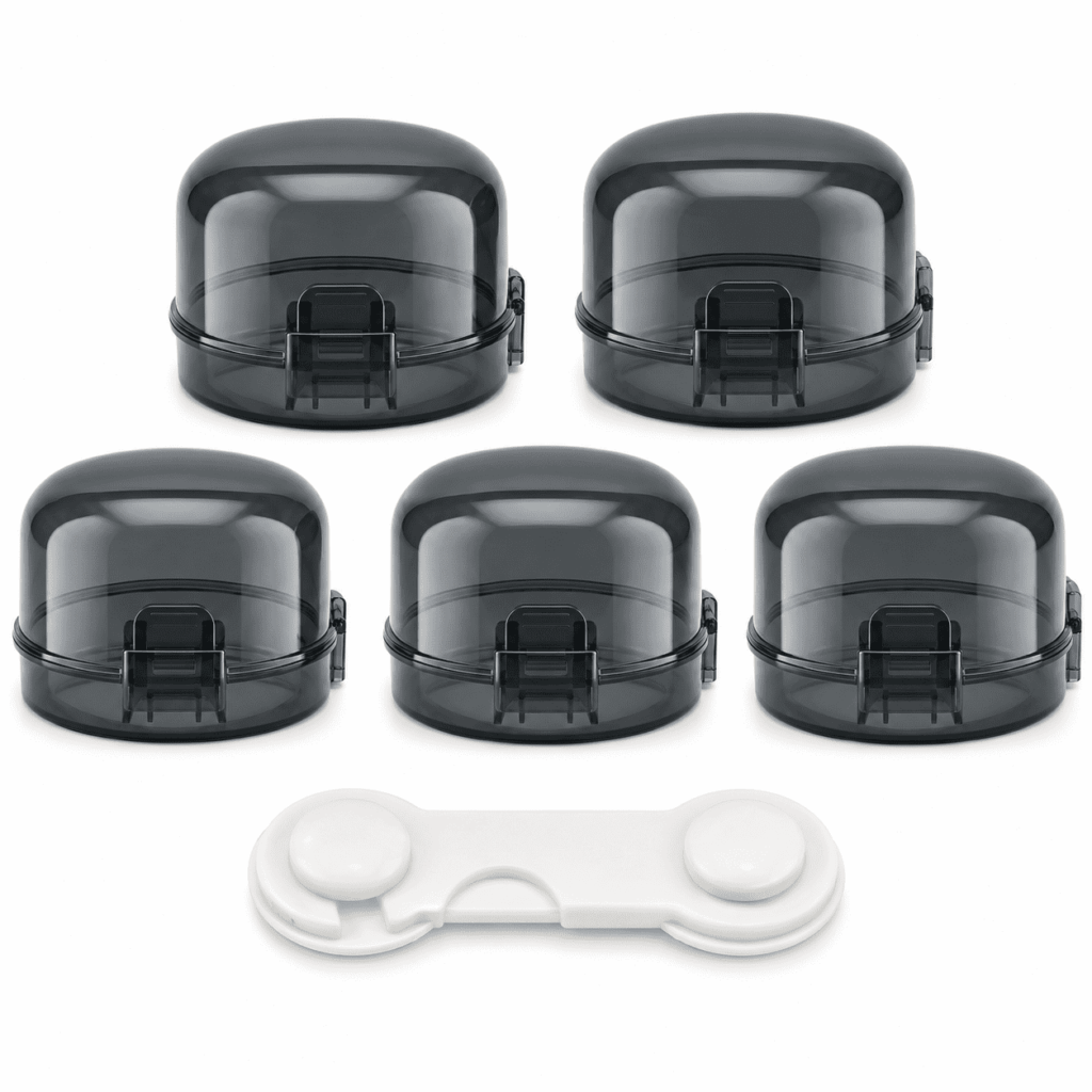 Stove Knob Safety Covers, V0-Grade Heat Resistant Baby Proofing Gas Knob Locks with Oven Door Lock, Child Safety Kitchen Set, Black (5 Covers + 1 Lock)