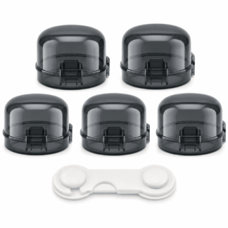 Stove Knob Safety Covers, V0-Grade Heat Resistant Baby Proofing Gas Knob Locks with Oven Door Lock, Child Safety Kitchen Set, Black (5 Covers + 1 Lock)