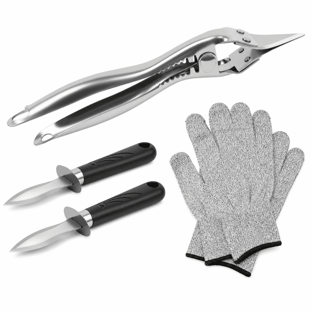 Stainless Steel Handheld Oyster Shucker Machine Kit 2 Knives Cut Resistant Gloves