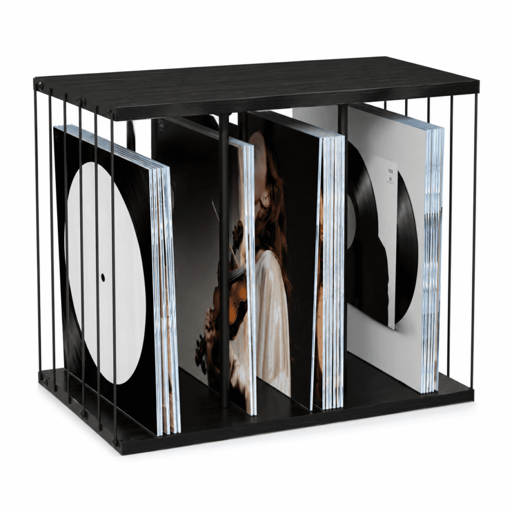 TUOBOS Vinyl Record Storage Stand, 3-Compartment Album Holder for Up to 80 Records, Metal and Wood, Black