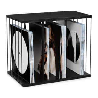 TUOBOS Vinyl Record Storage Stand, 3-Compartment Album Holder for Up to 80 Records, Metal and Wood, Black