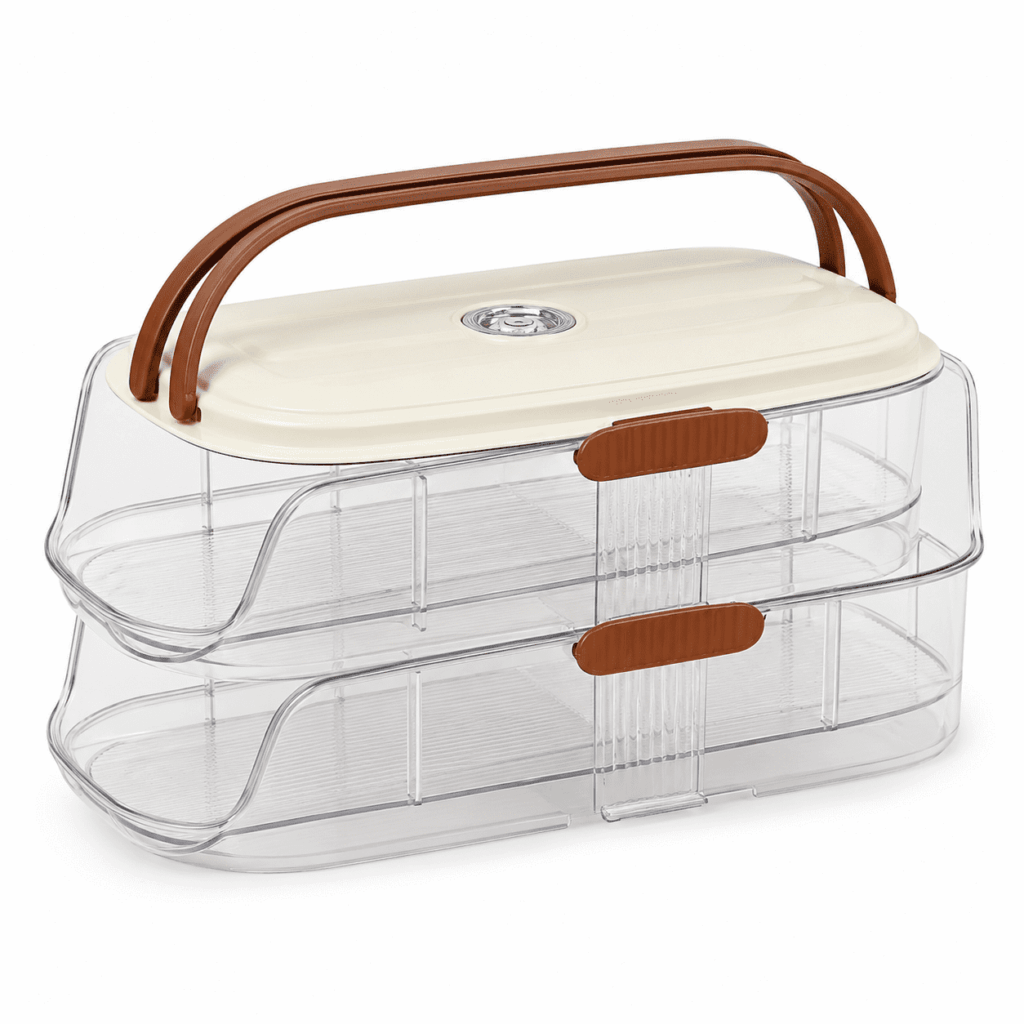 TUOBOS 2-Tier Egg Holder for Fridge, Auto-Rolling Clear Egg Organizer with Lid, Handle and Date Dial