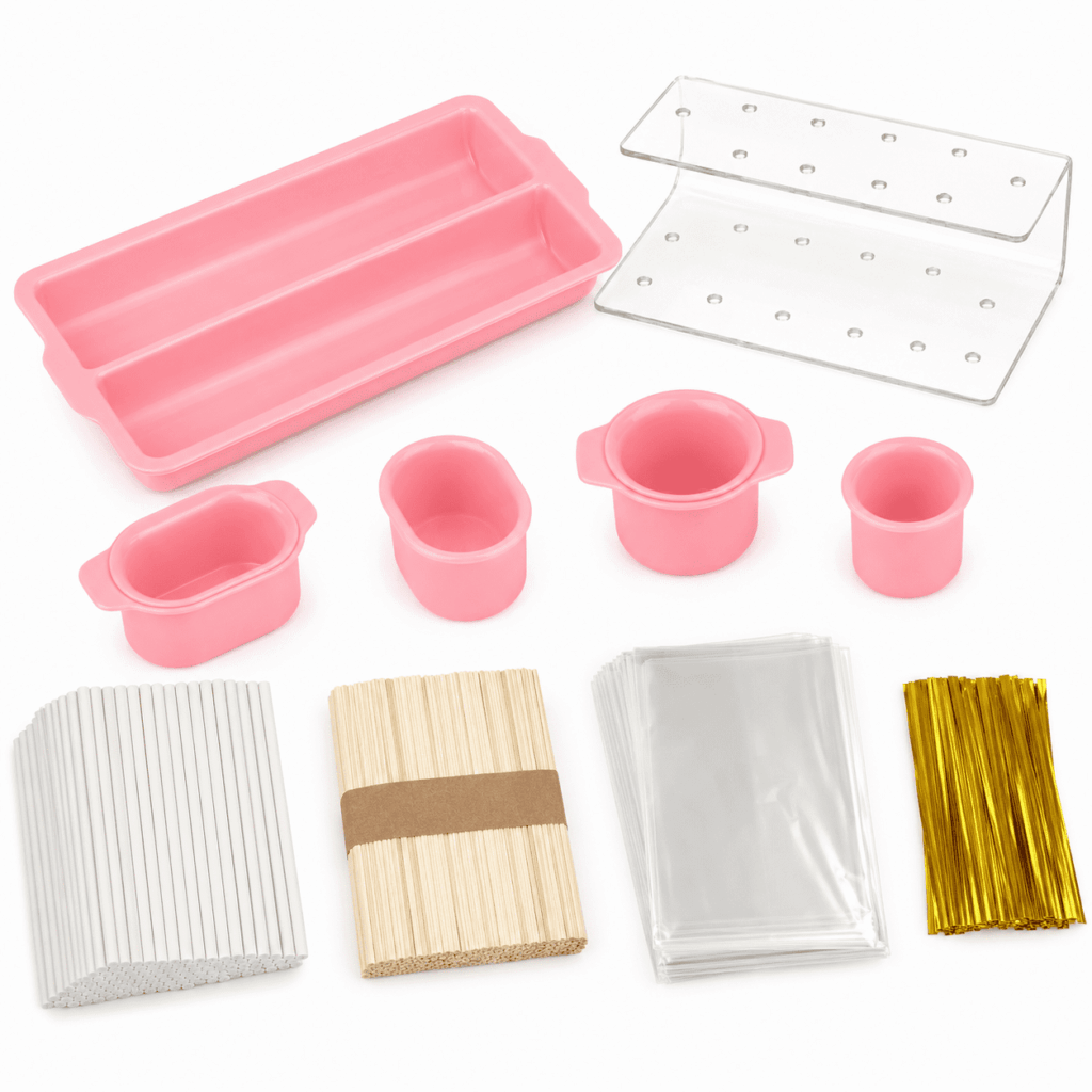 TUOBOS Cake Pop Making Kit with 9 in Double Tray, Display Stand, Sticks, Treat Bags and Twist Ties, Pink