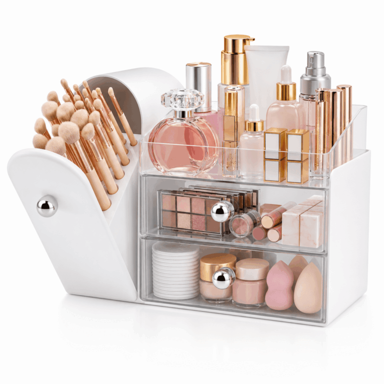TUOBOS Large Makeup and Skincare Organizer with 27-Slot Brush Holder and 3-Tier Drawer Storage